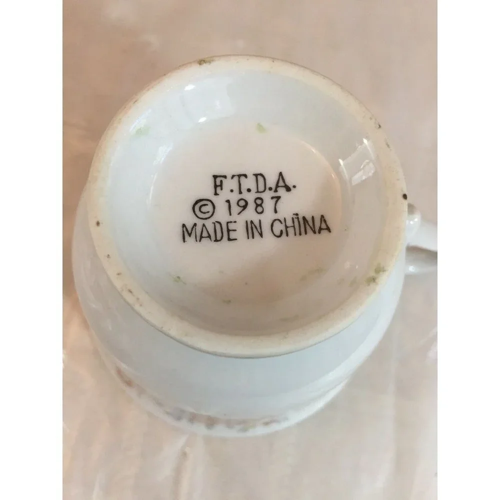 VTG FTDA 1987 Footed Tea Cup & Saucer White Silver Band Peach Floral Cottagecore